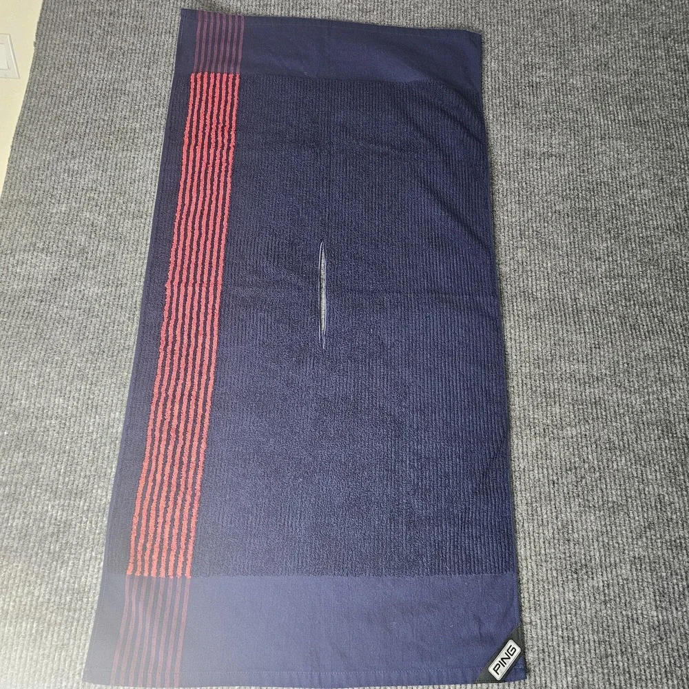 PING Golf Player Towel Blue Red Striped Cotton 35in X 20in Golf Bag Cart